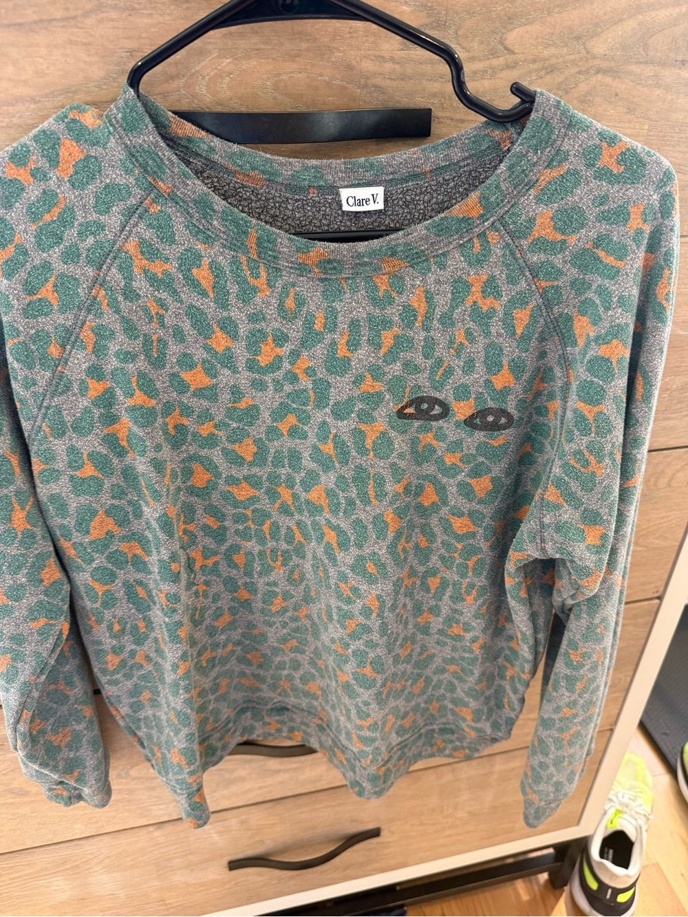 Clare V Green and Orange Leopard-Print Crewneck Sweatshirt, XS, 4,Anthropologie